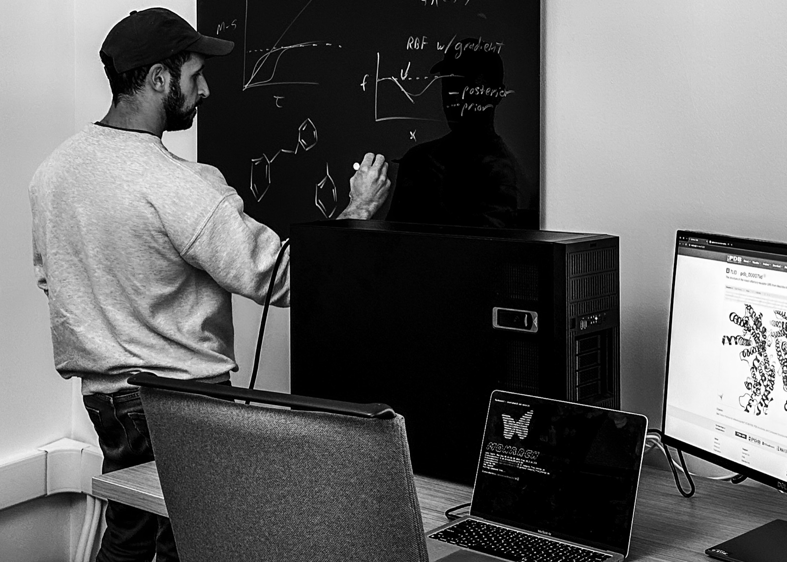 A researcher sketching model curves and molecular structures on a blackboard.