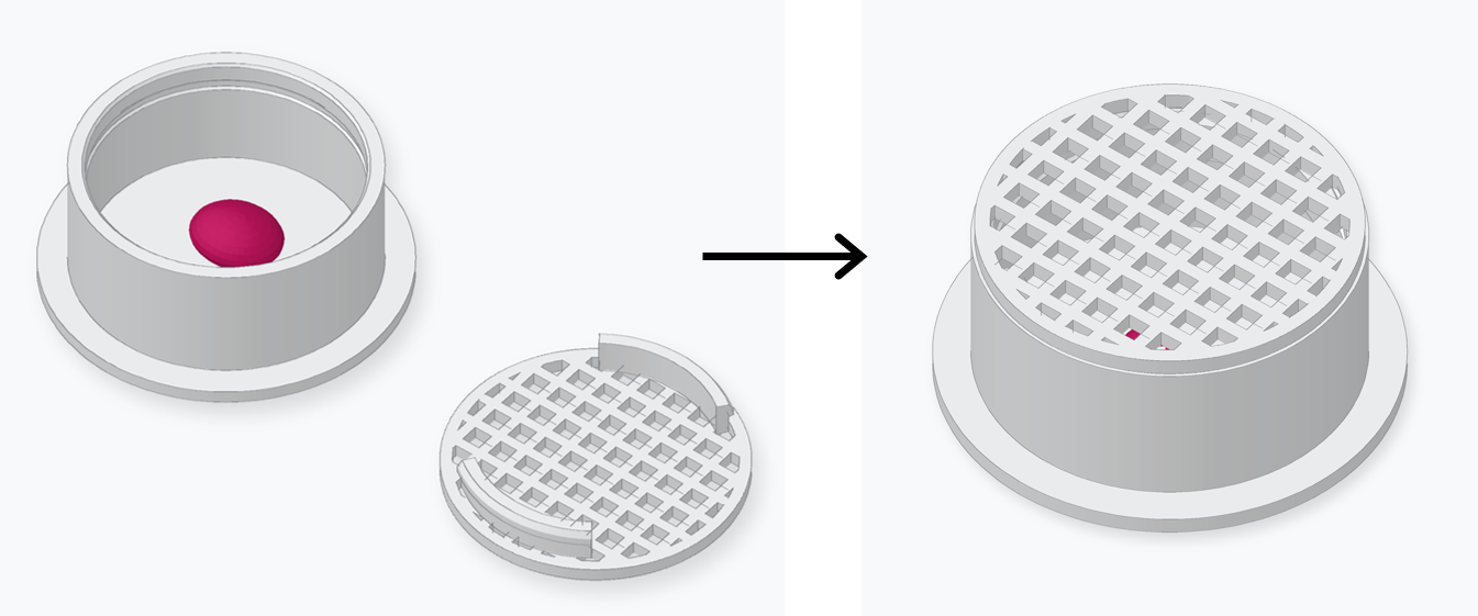DART endcap containing raspberry puree, with its separate and assembled snap-on grate.