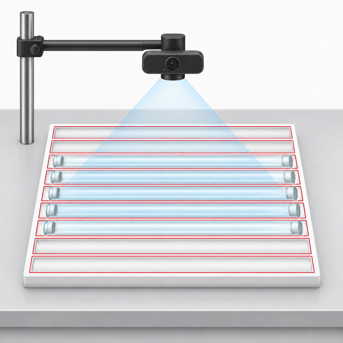 Camera mounted above a DART tray containing glass tubes, with tray slots outlined in red.
